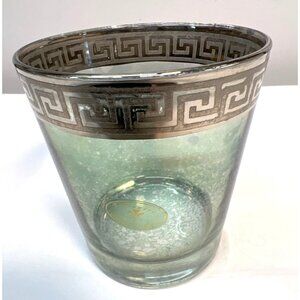 Italian Vintage Lavorato A Mano Green Glass Vase With Silver Greek Key Border De